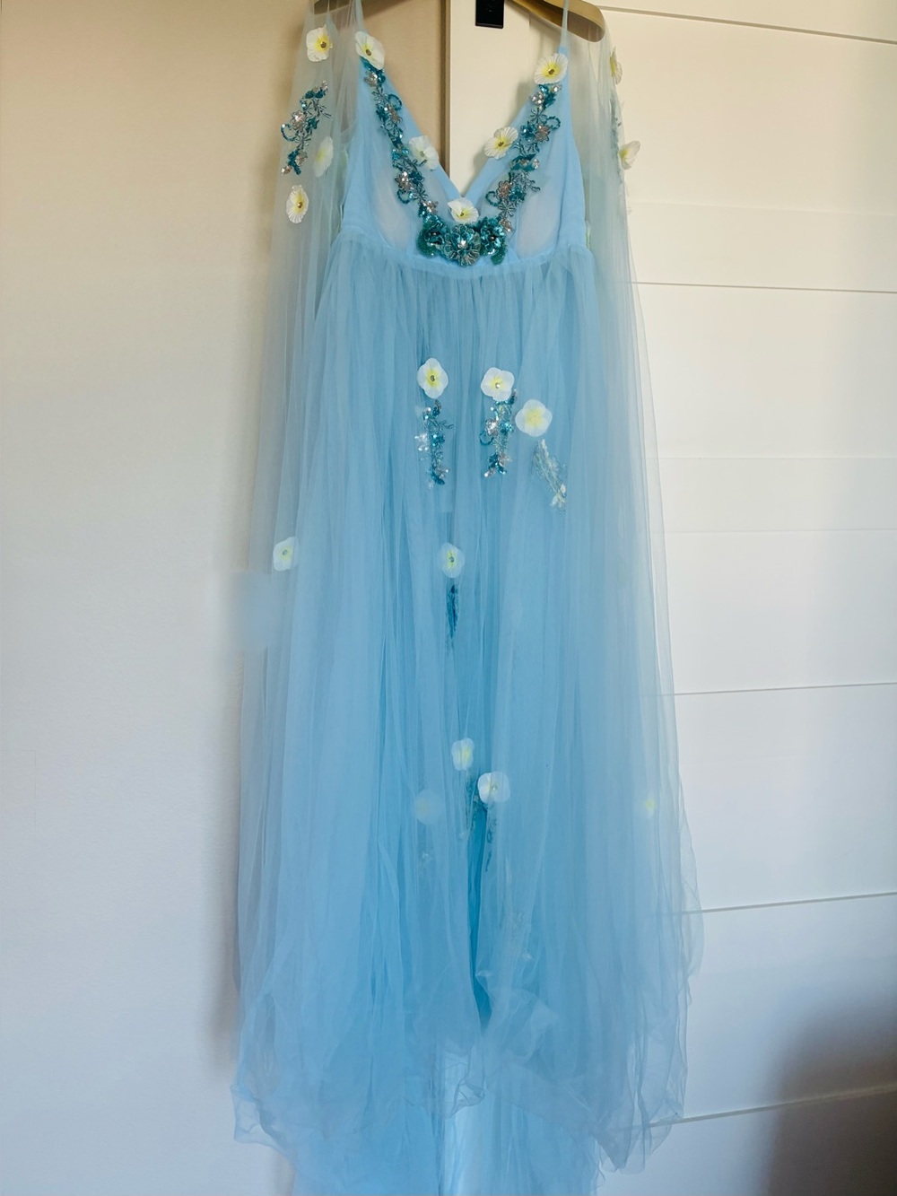 Ethereal Light Blue Tulle Maxi Dress with Floral Sequin Embroidery | One Size